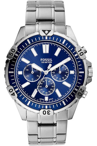 Fossil Men's Garrett Stainless Steel Quartz Dress Chronograph Watch One Size Silver/Blue