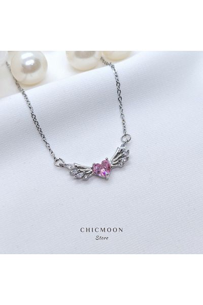 CHICMOON STORE Steel Silver Color Pink Stone Winged Necklace