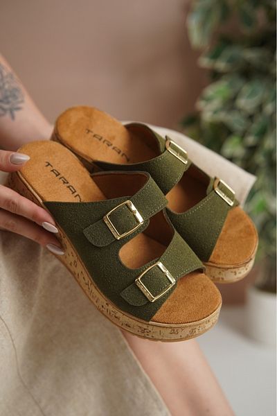 Taran Nadia Women's Gold Double Buckle Detailed Cork Sole Stylish and Comfortable Daily Slippers