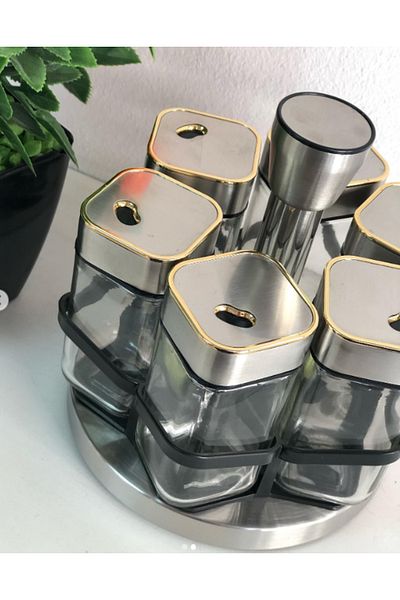 Hanedanev Glass Spice Rack with Rotating Stand Gold Metal Lid 7 Pieces 6 Pieces Salt Shaker Pepper Spice Rack