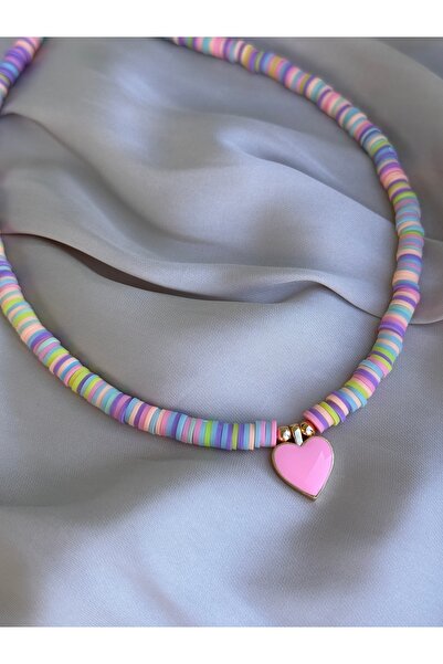 Miliva Renkli Kalpli Çocuk Kolye | Pembe Kalpli Kız Çocuk Kolye | Çocuk Takısı | 35 cm