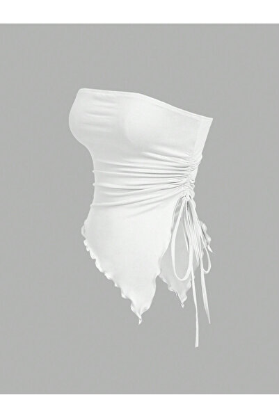 Marin Star Λευκό ασύμμετρο πλαϊνό μαζεμένο λευκό στράπλες αισθητική καλοκαιρινή μπλούζα Crop Top