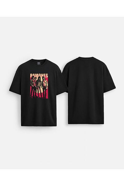 Darkia Ramones Music Band Printed Crew Neck Oversize Black T-Shirt T-Shirt