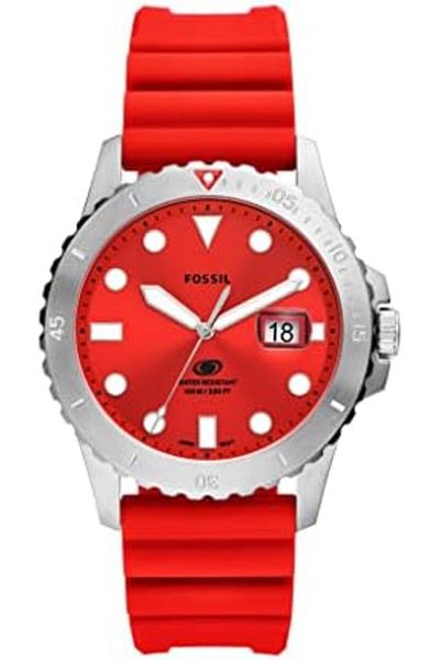 Fossil Men's Blue Quartz Stainless Steel and Silicone Three-Hand Watch, Color: Silver, Red (Model: F