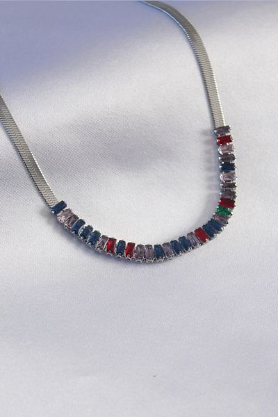 modalem 316L Steel Silver Color Italian Chain Model Colorful Zircon Stone Women's Necklace