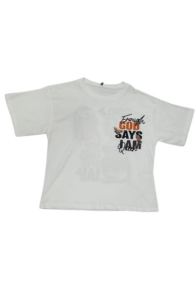 İrem Çocuk Giyim Girl's God Says Oversize White T-Shirt with Pattern on the Front and Back