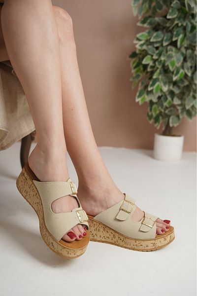 Taran Nadia Women's Gold Double Buckle Detailed Cork Sole Stylish and Comfortable Daily Slippers