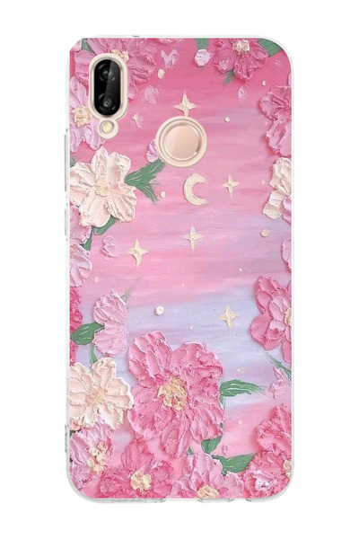 moonset Huawei P20 Lite Uyumlu Pastel Çiçekler Tasarımlı Baskılı Şeffaf Telef...