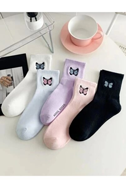 ASGÜL SOCKS Σετ κολεγιακές κάλτσες χωρίς ραφή χτενισμένες βαμβακερές κεντήματα πεταλούδας 5 ζευγάρια