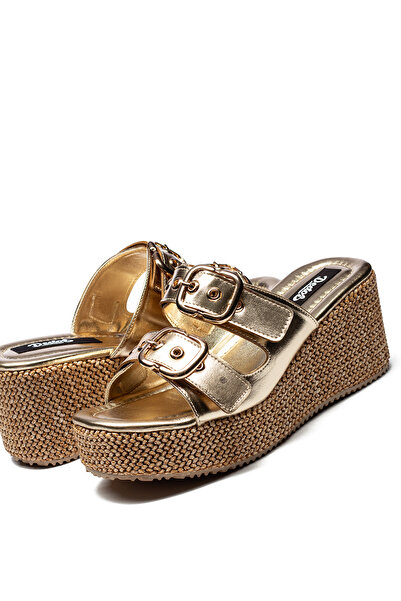 Dedos Women's Straw Sole Buckle High Platform Heeled Slippers 2405