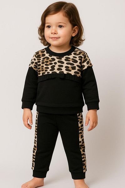 Bubito Leopard Detailed Ruffled Baby Girl Child Bottom Top 2-Piece Set-Black