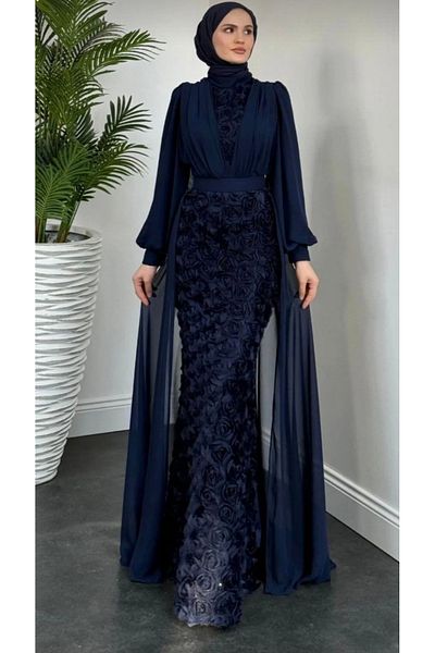GÜZELLER Fish Model Cape Rose Embroidered Chiffon Promise Request Engagement Wedding Evening Dress