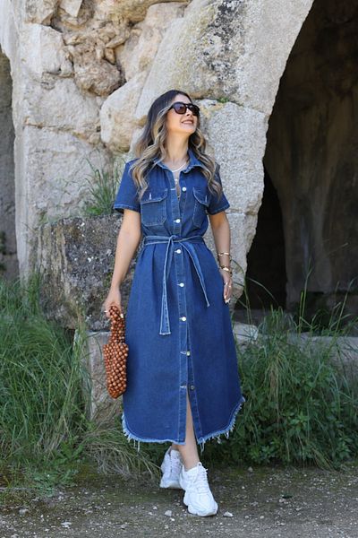 bytugcekaya Indigo Short Sleeve Belted Pocket Jean Dress