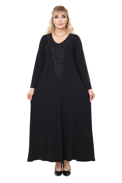 MELSAY Women's Long Sleeve Black Guipure Collar Detailed Large Size Long Dress