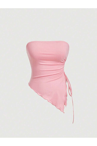 Marin Star Ροζ ασύμμετρη καλοκαιρινή μπλούζα με λάκρα στο πλάι, στράπλες σε σκόνη, χωρίς λουράκια, ελαστικό ροζ καραμέλα