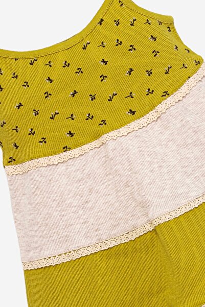 Divonette Kız Çocuk %100 Pamuk Askılı Çiçek Desenli Yeşil, Krem ve Lacivert Renk Elbise