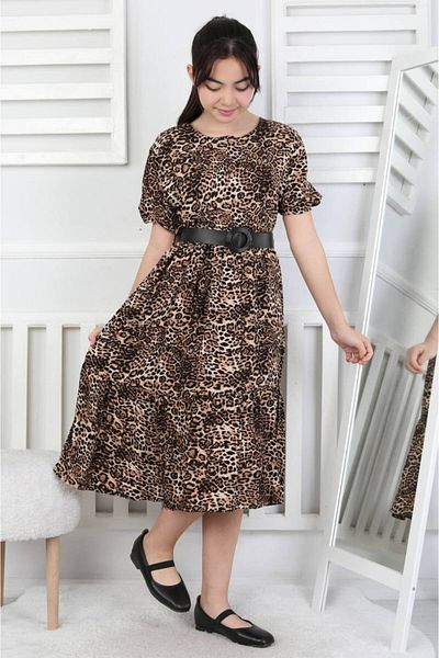 ARBİ kids Female Child Leopard Print Wrapture Fabric Belt Long Summer Dress