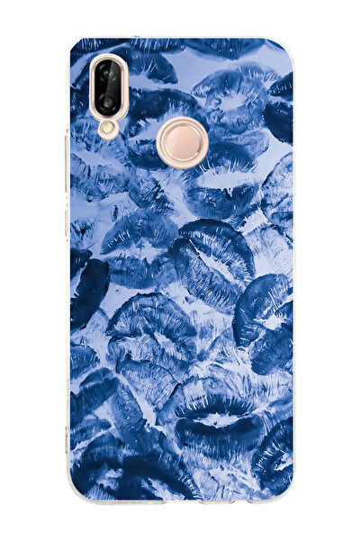 moonset Huawei P20 Lite Uyumlu Mavi Dudaklar Tasarımlı Baskılı Şeffaf Telefon...