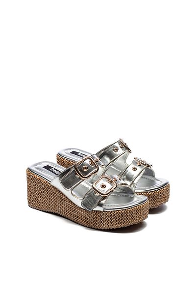 Dedos Women's Straw Sole Buckle High Platform Heeled Slippers 2405