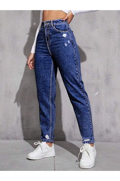 Noxter Women's Dark Blue Denim Trousers with Holes