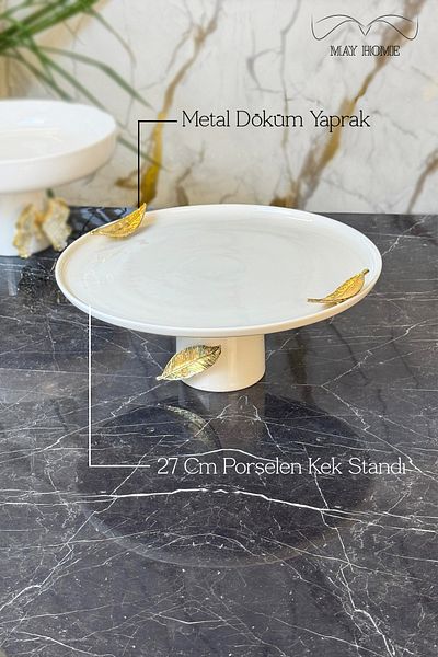 MAY HOME Porcelain Leaf Detailed Footed Presentation Plate & Cake Pastry Food Presentation