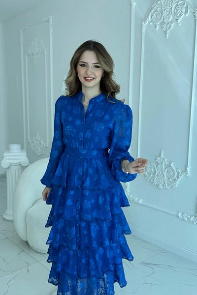 HELİS BUTİK Embroidered Layered Flounce Saks Dress