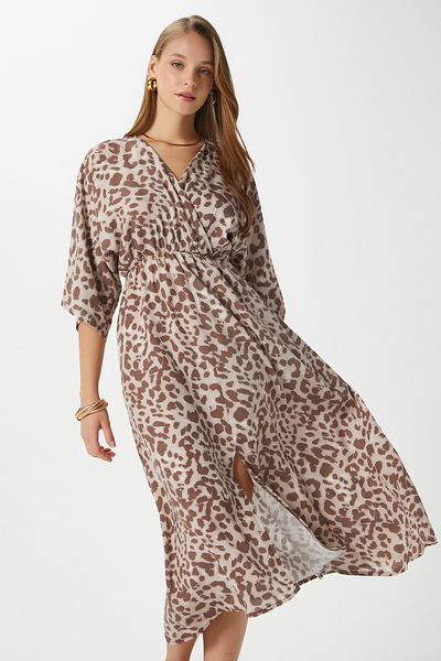 Ritnice Rochie de damă Jessica maro cu imprimeu leopard, cu fante elastică în talie, din viscoză