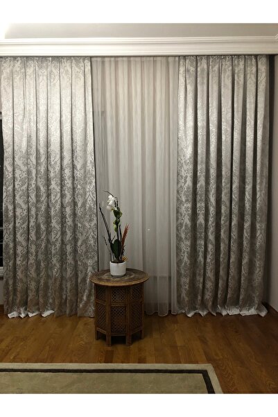 Brillant AÇIK GRİ ZEMİN ÜZERİNE KOYU GRİ DAMASK DESENLİ FON PERDE