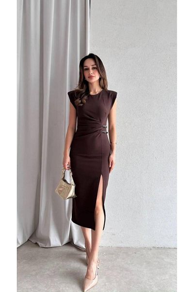 maf collection Γυναικείο βραδινό φόρεμα αποφοίτησης με καφέ μαξιλαράκι Midi με λεπτομέρεια μολύβι