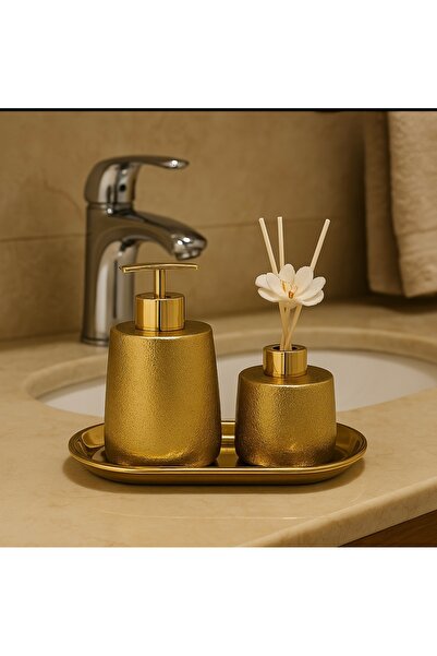 YAKUT prime Gold Tepsili Banyo Sıvı Sabunluk Seti 3 Parça