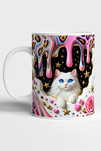 GRN TASARIM Mavi Gözlü Beyaz Kedi Baskılı 3D Efekli Hediyelik Kupa Bardak