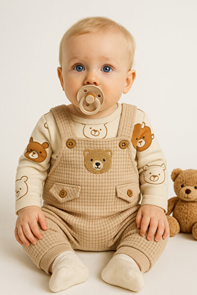 VERONA TARZ طقم سالوبيت بأكمام طويلة وطبعة دب مطرزة للأطفال الأولاد مع هدية جوارب لحديثي الولادة