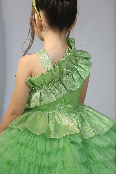 Ribbon kids One Shoulder Flounce Princess Gown Evening Dress. The Bag, the Hair Cap,