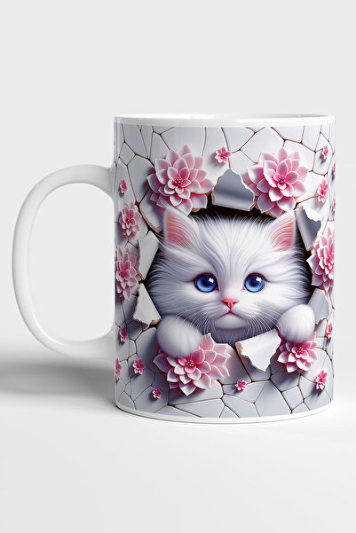 GRN TASARIM Beyaz Tatlı Kedi Baskılı 3D Efekli Hediyelik Kupa Bardak