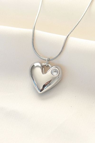 Clariss 316L Steel Silver Color Single Stone Heart Necklace