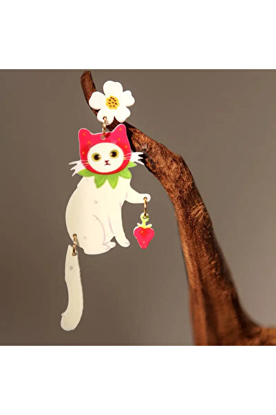 WasWink Çift Kaprisli Çilekli Kedi Akrilik Sallantılı Küpeler -Kırmızı Fiyonklu Sevimli Beyaz Kedi