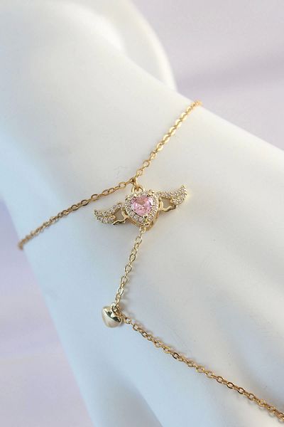 REBORN DESIGN 316L Steel Gold Color Pink Zircon Stone Winged Heart Model Şahmeran