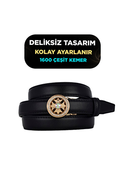 Kar-Pa Black Women's Belt Without Holes with Automatic Buckle, Trouser Belt, ...