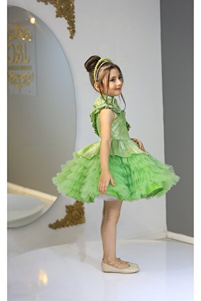 Ribbon kids Tek Omuz Volanlı Prenses Elbisesi Abiye . çanta, saç tokası,