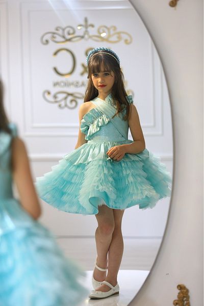 Ribbon kids One Shoulder Flounce Princess Gown Evening Dress. The Bag, the Hair Cap,