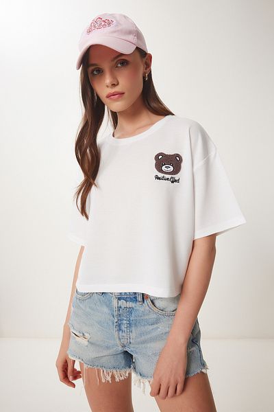 Happiness İstanbul Women's White Teddy Bear Embroidered Crop Knitted T-Shirt Zv00298