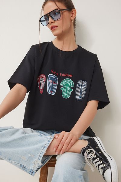 Happiness İstanbul Schwarzes Oversize-T-Shirt mit Print für Damen ZV00279