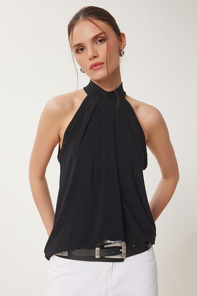 Happiness İstanbul Schwarze Sandy-Strickbluse mit Neckholder für Damen RX00058