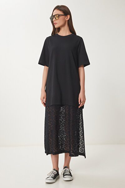 Happiness İstanbul Γυναικείο Μαύρο Ελαστικό Πλεκτό Φόρεμα με Δαντελένια Φούστα CR00486