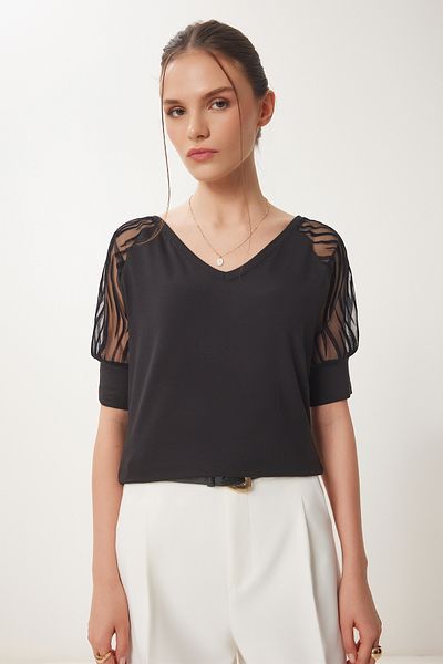 Happiness İstanbul Schwarze Damen-Bluse mit Ballonärmeln und Tüllstrick EN00637