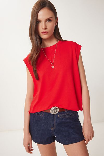 Happiness İstanbul Rotes Basic-Strick-T-Shirt für Damen EN00643