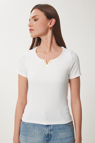 Happiness İstanbul Women's Bone Gold Accessory Ribbed Knitted Blouse Zv00297