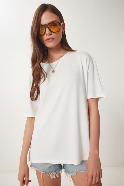 Happiness İstanbul Weißes Basic-Strick-T-Shirt für Damen EN00642