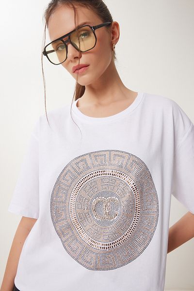 Happiness İstanbul Women's White Stylish Stone Knitted T-Shirt Bw00005
