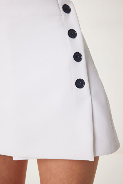 Happiness İstanbul Női fehér gombos részletes szőtt rövidnadrág szoknya WF00100